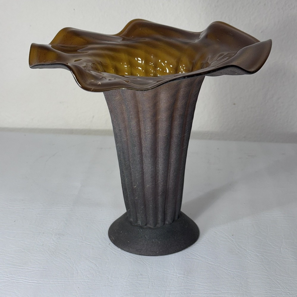 Vintage Original Italian Murano Art Glass Vase Scavo Vase 8" X 9" Wide Ruffle